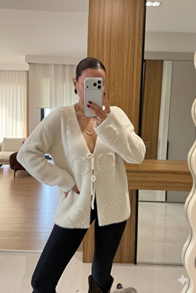 Le Savu Shilsee Women's Tie-Up Soft Ecru Knit Cardigan