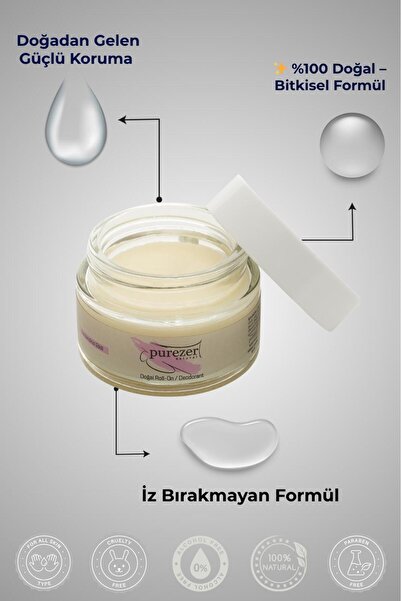 PUREZER NATURAL %100 Doğal Krem Roll On Deodorant Unisex Kimyasal Içermez 30ml Lavanta
