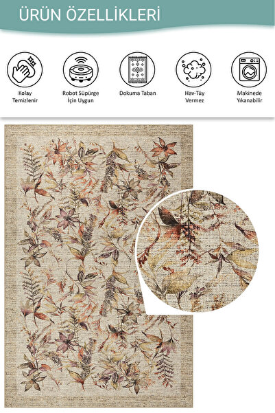 ARTLOOP Florart Bej / Mor Vintage Dokulu Çiçek Desenli Dokuma Tabanlı Şönil Halı AL 469