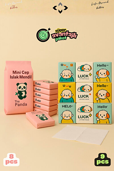 LİGROUND Figürlü Çocuk Okul Hijyen Seti 8li Islak Mendil 9lu Peçete Kağıt Mendil Taşınabilir Islak mendil