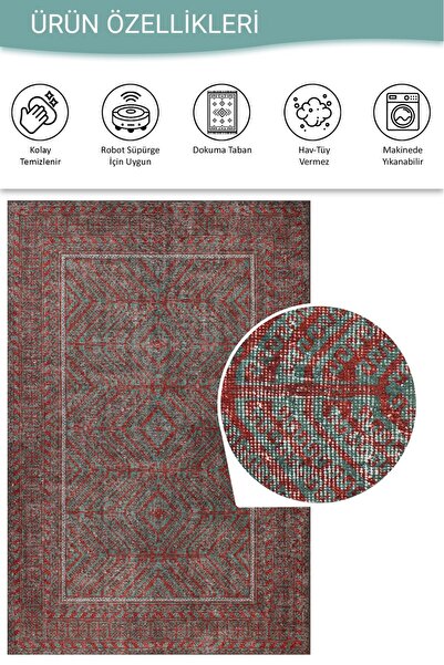 ARTLOOP Relic Kırmızı / Turkuaz Vintage Dokulu Klasik Desenli Dokuma Tabanlı Şönil Halı AL 493
