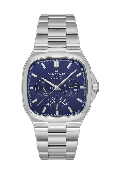 Nacar ساعة يد رجالية من زجاج الياقوت باللون الفضي NC39-291339-ALM