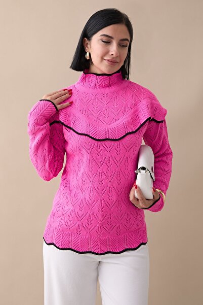 InStyle Alvi Ruffle Detailed Striped Knitwear Sweater - Fuchsia