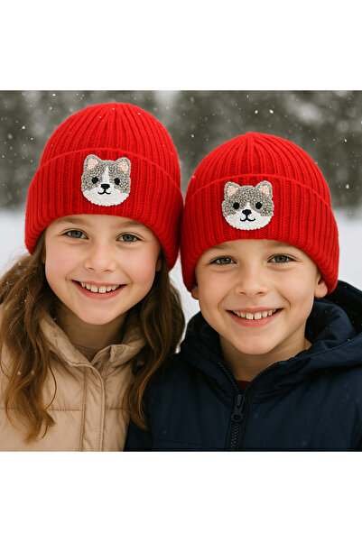 byebruketenci Κόκκινο μάλλινο παιδικό-εφηβικό σκουφάκι με φιγούρα γάτας, δώρο