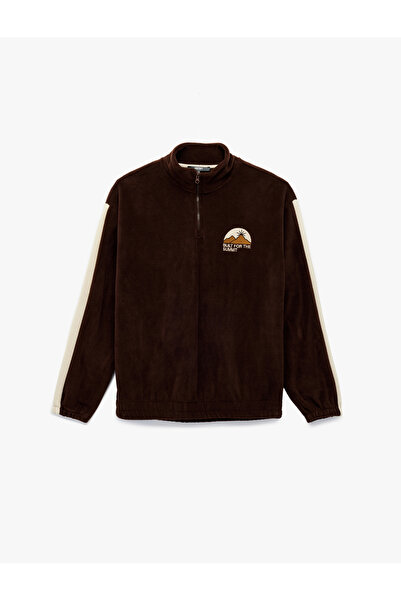 Koton Nakışlı Uzun Kollu Renk Bloklu Yarım Fermuarlı Polar Sweatshirt