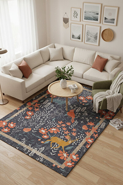 ARTLOOP Florart Lacivert / Turuncu Doğa Temalı Çiçekli Dokuma Tabanlı Modern Şönil Halı AL 480