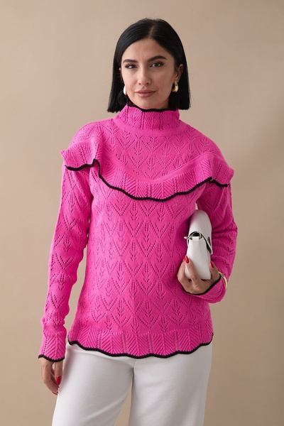 InStyle Alvi Ruffle Detailed Striped Knitwear Sweater - Fuchsia