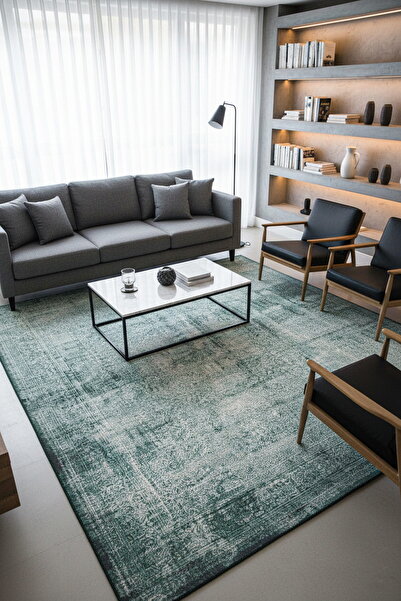 ARTLOOP Dorian Eskitme Desenli Dokuma Taban Dekoratif Yeşil Halı AL 223