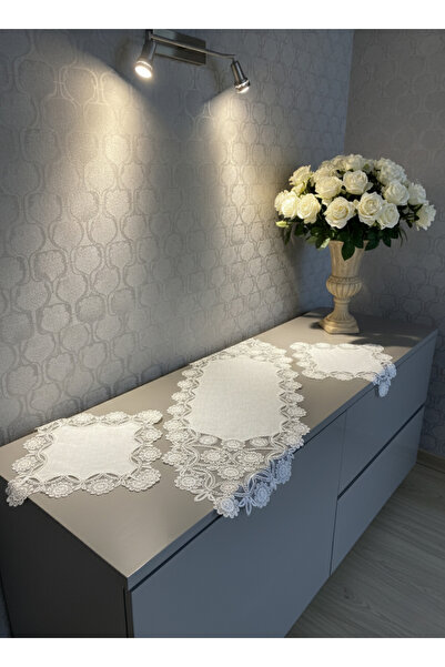 Valora Concept Fransız Dantelli İnci Model Keten Gardenya Lüks Runner Salon Oda Sehpa Masa Örtüsü