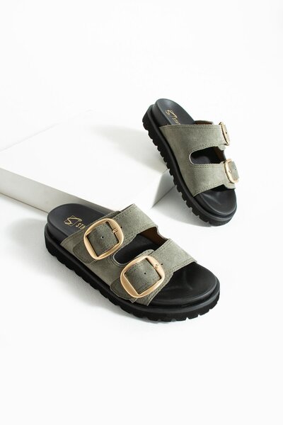 stato Genuine-Suede Leather Lightweight Comfort Women's Khaki Slippers25Y-1480