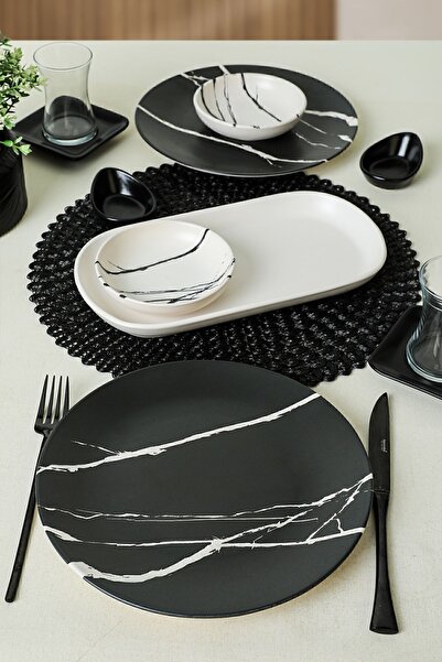 Keramika Siyah Beyaz Mermer Kahvaltı Takımı 11 Parça 2 Kişilik 17950-17951