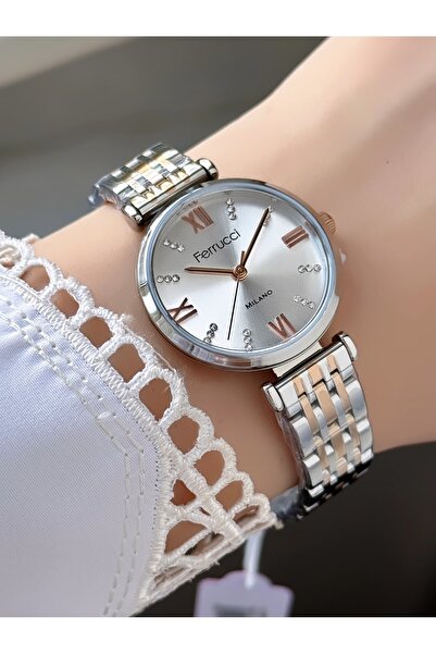 Ferrucci ساعة يد نسائية باللون الفضي الوردي - سوار فولاذي، أرقام رومانية وتفا...