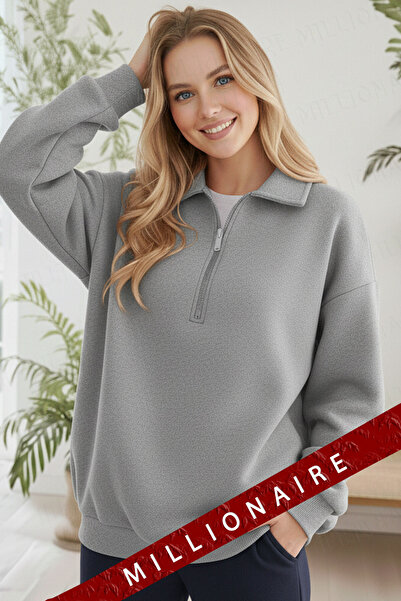 Millionaire Gray Fleece Oversize Sweatshirt - Half Zipper, Polo Collar, 3 Thread