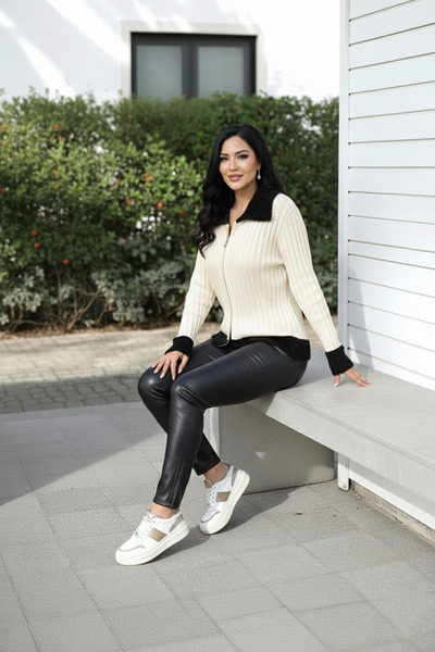 studio fashion 1988 Women's Cream Shirt Collar Zippered Knitwear Cardigan