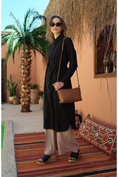 Fatma Atasoy Kendinden Çizgili Pamuk Gömlek Siyah