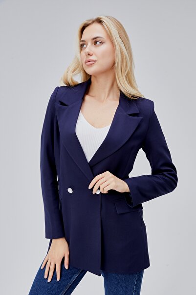 Bolivente Lacivert Oversize Dokuma Blazer Ceket