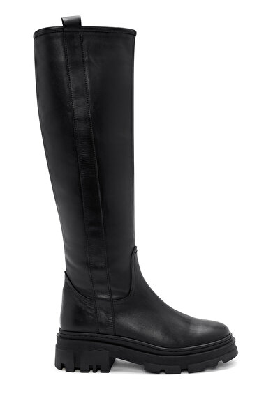 Derimod Women's Black Zippered Thick Soled Leather Boots 25Wfd201218