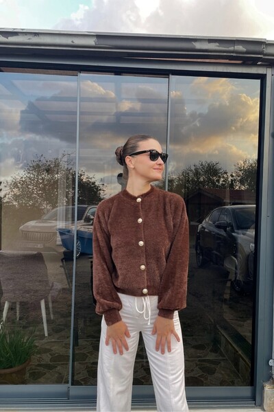 Le Savu Shilsee Women's Pearl Buttoned Yumosh Brown Knitwear Cardigan