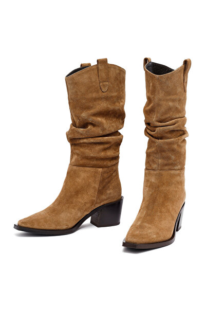 Derimod Women's Mink Thick Heeled Suede Leather Cowboy Boots 25Wfd153810