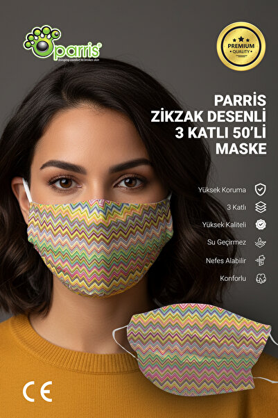 Zikzak Desenli Filtreli 3 Katlı 50'li Kutu Telli Cerrahi Maske