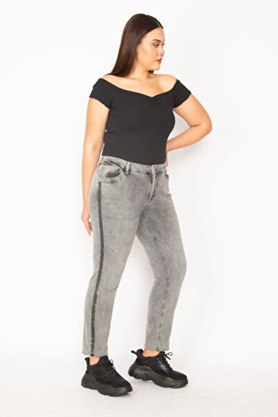 Şans Women's Large Size Smoked Wash Effect 5 Pocket Jeans 65n29867