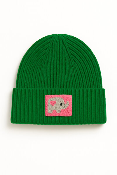 byebruketenci Луксозна шапка от зелена вълна с розов слон, детайли, унисекс