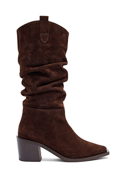 Derimod Women's Brown Thick Heeled Suede Leather Cowboy Boots 25Wfd153810