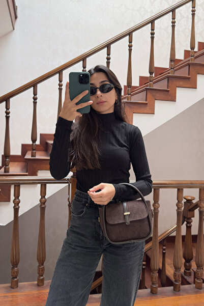 NOTHING Women's Suede Brown Gold Accessory Detailed Adjustable Strap Shoulder and Crossbody Bag Miya