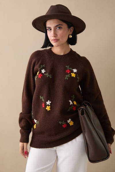 InStyle Πουλόβερ Bitter Brown Soft - Κεντημένο με λουλούδια