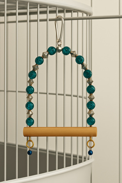 GOLD BE أرجوحة طيور مزينة بالخرز - عش للطيور - جهاز إقامة خشبي داخل القفص