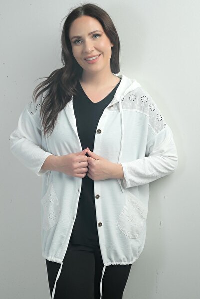 By Saygı Women's Hooded Button Front Pocket Scalloped Plus Size Cardigan
