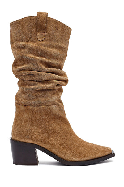 Derimod Women's Mink Thick Heeled Suede Leather Cowboy Boots 25Wfd153810