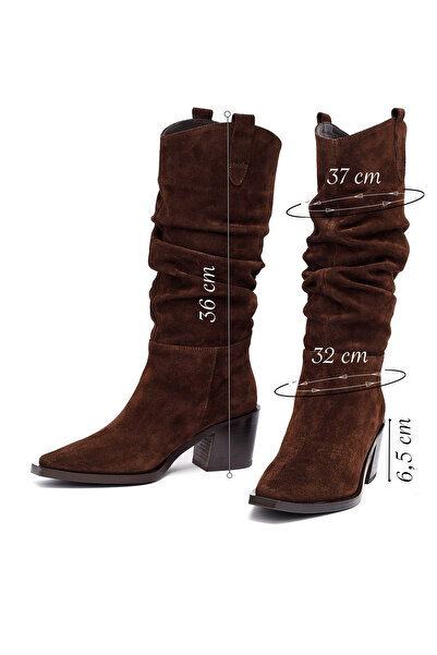 Derimod Women's Brown Thick Heeled Suede Leather Cowboy Boots 25Wfd153810