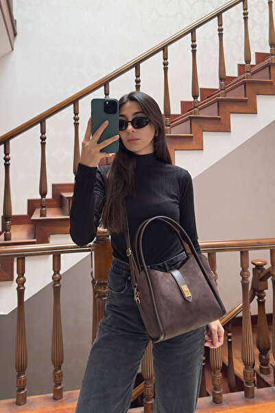 NOTHING Γυναικεία τσάντα χεριού και ώμου από καφέ σουέντ με λεπτομέρεια κλειδαριάς, τριών τμημάτων, αφαιρούμενη τσάντα μακιγιάζ Lemina