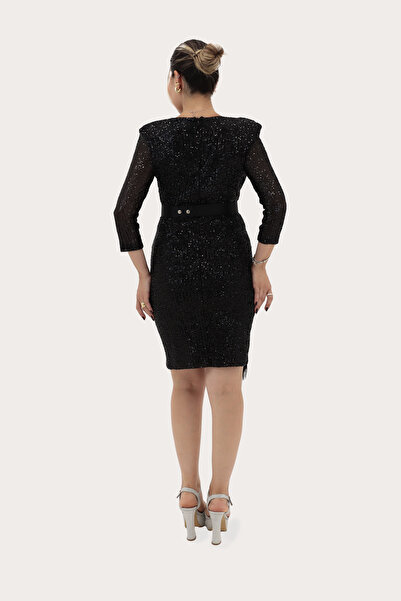 CAREZZA Kruvaze Eteği Tüylü Kemerli Mini Abiye Elbise