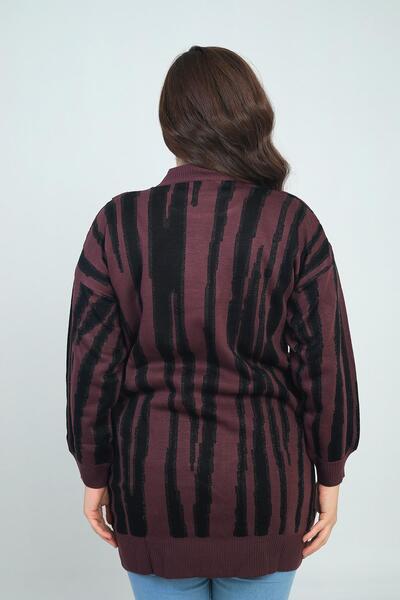 By Saygı Γυναικείο ασημί μακρόστενο ριγέ υπερμεγέθες πλεκτό πουλόβερ με λεπτομέρεια κουμπιού μπροστά