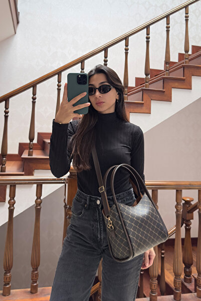 NOTHING Women's Monogram Brown Three-Compartment Special Detachable Makeup Bag Faux Leather Hand and Shoulder Bag Roko