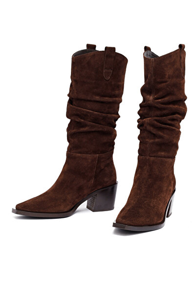 Derimod Women's Brown Thick Heeled Suede Leather Cowboy Boots 25Wfd153810