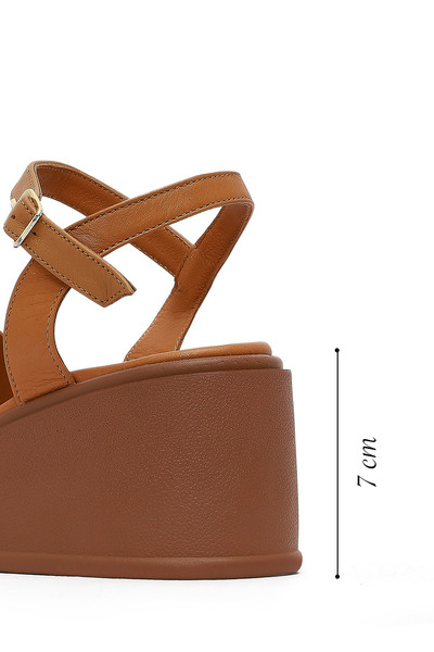 Derimod Women's Tan Ankle Buckle Wedge Heeled Leather Sandals 25Sfd131518