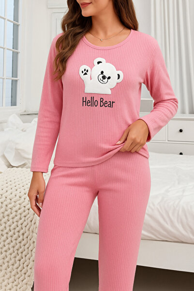 ELİTOL Set de pijamale cu mâneci lungi cu model Hello Bear pentru femei