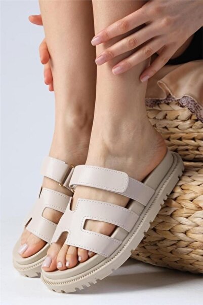 Liger Beige Color Flat Bottom Velcro Summer Slippers