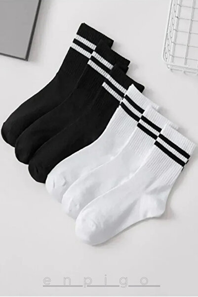 TTWAY Fekete-fehér csíkos főiskolai hosszú sportzokni 6 darabos pamut csomag