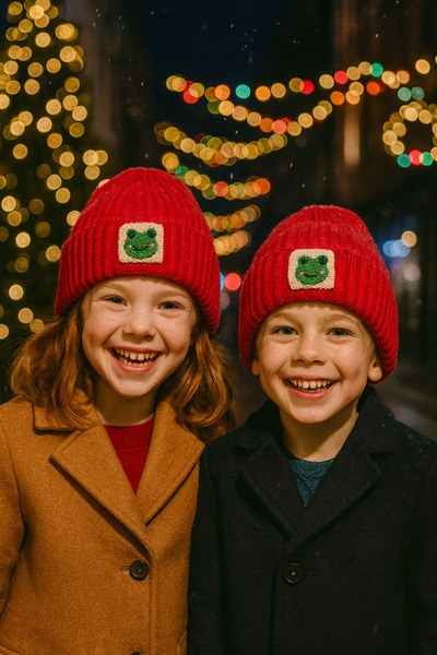 byebruketenci Kırmızı yün çocuk beresi kurbağa hayvan figürlü punch detaylı