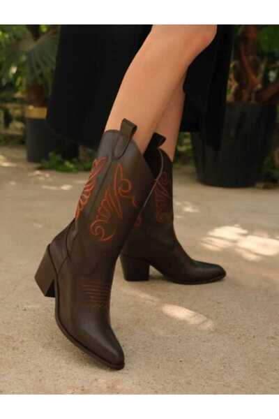 POTEEN Karlas Western Kadın Kovboy Nakışlı Bot P315-Kahve