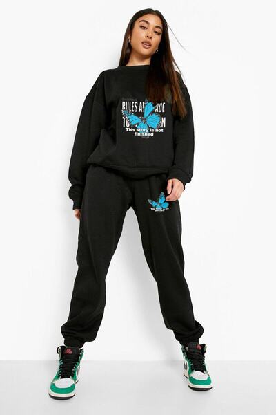 HOFFNUNG Дамски анцуг с щампа на сини пеперуди Долнище и горнище