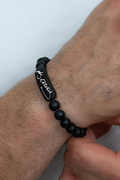 Takı Dükkanı 2 Adet Mat ve Parlak K. Atatürk İmzalı Siyah Boncuk Taşlı Unisex Bileklik Çifti bbb21