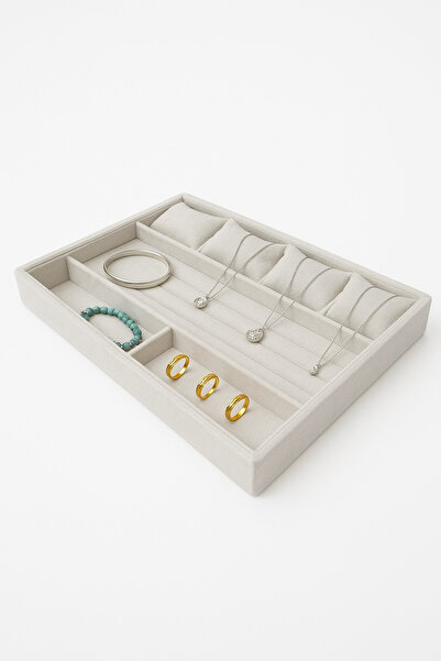 ÖZER KUTU Organizatör Krem Süet Tabla Kolye & Yüzük Düzenleyici Ve Gözlük(4 Y...