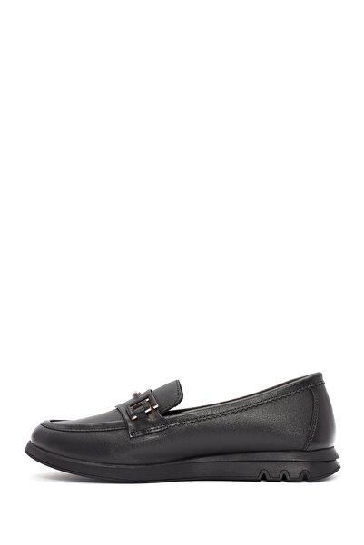 Derimod Women's Black Buckle Detailed Leather Comfort Loafer, Winter Shoes 25Afd150418