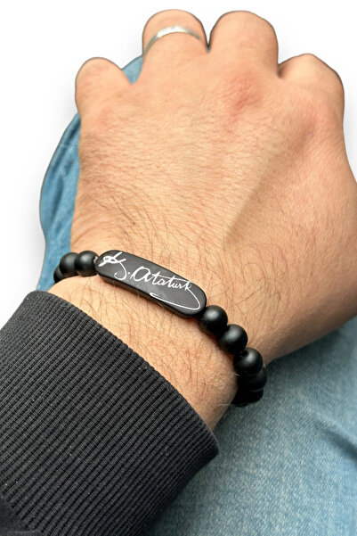 Takı Dükkanı 2 Adet Mat ve Parlak K. Atatürk İmzalı Siyah Boncuk Taşlı Unisex Bileklik Çifti bbb21