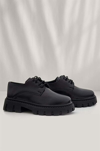 Rakerplus Siyah Kırışık Rugan Bağcıklı Kız Çocuk Oxford Okul Ayakkabı